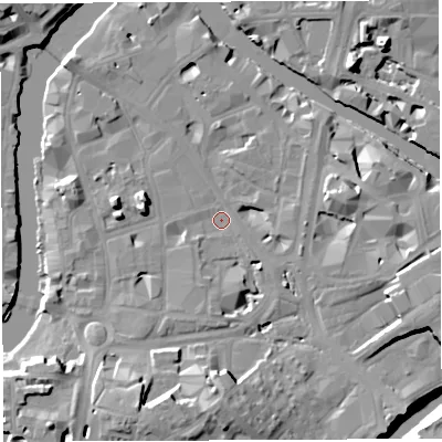 Shaded relief map of the ground around BS16PU, computed from Environment Agency LiDAR. The ground here sits at about 8 m above sea level and falls 19 m across the surrounding 800 m. Surface water reaching this point runs off ground lying to the south-south-west, 14.0 m higher.