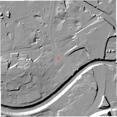 Shaded relief map of the ground around BS16PX, computed from Environment Agency LiDAR. The ground here sits at about 10 m above sea level and falls 37 m across the surrounding 800 m. Surface water reaching this point runs off ground lying to the east-south-east, 2.9 m higher.