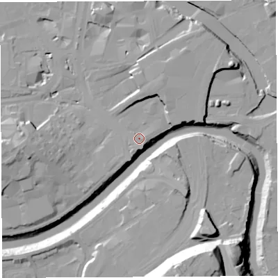 Shaded relief map of the ground around BS16QA, computed from Environment Agency LiDAR. The ground here sits at about 11 m above sea level and falls 41 m across the surrounding 800 m. Surface water reaching this point runs off ground lying to the south-south-east, 1.6 m higher.