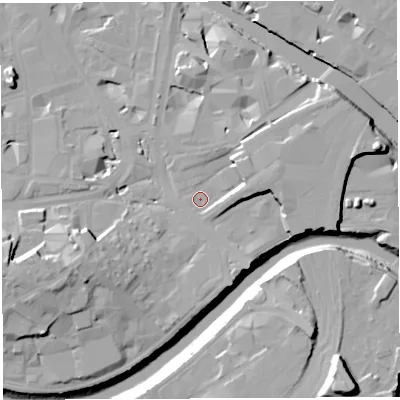 Shaded relief map of the ground around BS16QH, computed from Environment Agency LiDAR. The ground here sits at about 9 m above sea level and falls 21 m across the surrounding 800 m. Surface water reaching this point runs off ground lying to the east-north-east, 6.4 m higher.