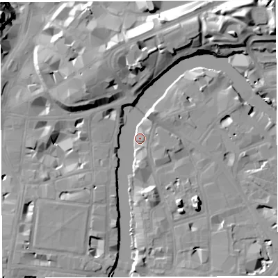 Shaded relief map of the ground around BS16QP, computed from Environment Agency LiDAR. The ground here sits at about 8 m above sea level and falls 19 m across the surrounding 800 m. Surface water reaching this point runs off ground lying to the north-north-west, 15.0 m higher.