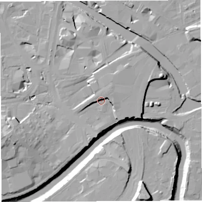 Shaded relief map of the ground around BS16QS, computed from Environment Agency LiDAR. The ground here sits at about 9 m above sea level and falls 21 m across the surrounding 800 m. Surface water reaching this point runs off ground lying to the north-east, 6.6 m higher.