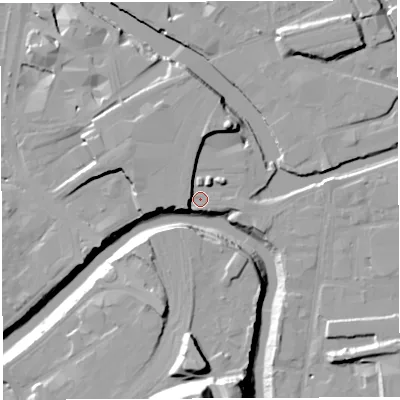 Shaded relief map of the ground around BS16QW, computed from Environment Agency LiDAR. The ground here sits at about 9 m above sea level and falls 37 m across the surrounding 800 m. Surface water reaching this point runs off ground lying to the west-south-west, 6.1 m higher.