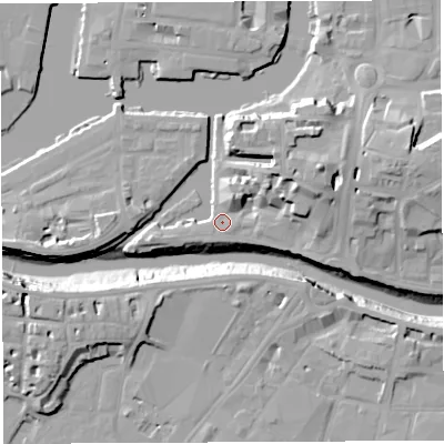 Shaded relief map of the ground around BS16QX, computed from Environment Agency LiDAR. The ground here sits at about 9 m above sea level and falls 20 m across the surrounding 800 m. Surface water reaching this point runs off ground lying to the east-north-east, 13.7 m higher.
