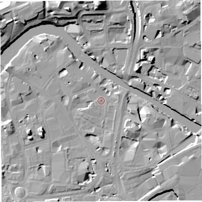 Shaded relief map of the ground around BS16RD, computed from Environment Agency LiDAR. The ground here sits at about 9 m above sea level and falls 17 m across the surrounding 800 m. Surface water reaching this point runs off ground lying to the east-north-east, 2.6 m higher.