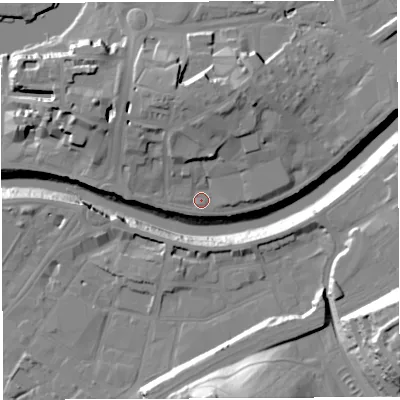 Shaded relief map of the ground around BS16RP, computed from Environment Agency LiDAR. The ground here sits at about 9 m above sea level and falls 39 m across the surrounding 800 m. Surface water reaching this point runs off ground lying to the north-north-west, 10.5 m higher.