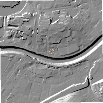Shaded relief map of the ground around BS16RR, computed from Environment Agency LiDAR. The ground here sits at about 10 m above sea level and falls 35 m across the surrounding 800 m. Surface water reaching this point runs off ground lying to the north-north-east, 8.9 m higher.