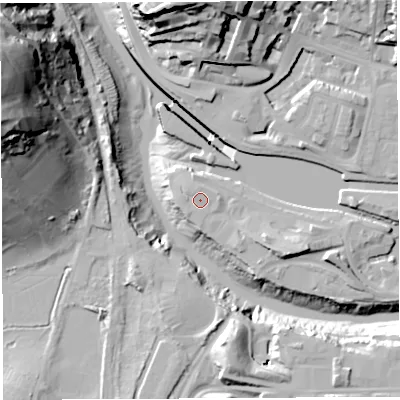 Shaded relief map of the ground around BS16SE, computed from Environment Agency LiDAR. The ground here sits at about 9 m above sea level and falls 60 m across the surrounding 800 m. Surface water reaching this point runs off ground lying to the north-north-west, 1.1 m higher.