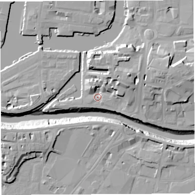 Shaded relief map of the ground around BS16SF, computed from Environment Agency LiDAR. The ground here sits at about 10 m above sea level and falls 20 m across the surrounding 800 m. Surface water reaching this point runs off ground lying to the north-east, 11.9 m higher.