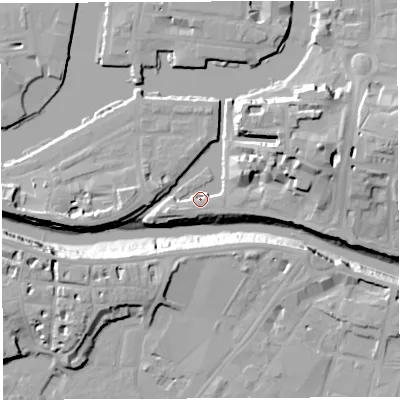 Shaded relief map of the ground around BS16SG, computed from Environment Agency LiDAR. The ground here sits at about 8 m above sea level and falls 20 m across the surrounding 800 m. Surface water reaching this point runs off ground lying to the east-north-east, 13.7 m higher.