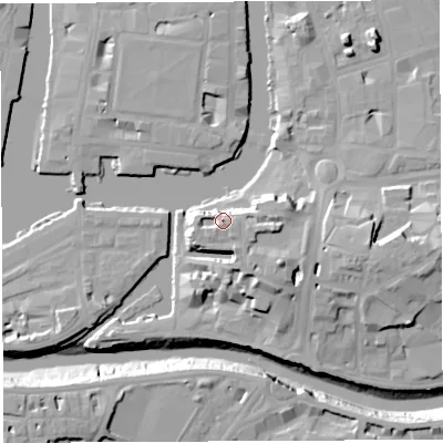 Shaded relief map of the ground around BS16SP, computed from Environment Agency LiDAR. The ground here sits at about 18 m above sea level and falls 20 m across the surrounding 800 m. Surface water reaching this point runs off ground lying to the south, 3.0 m higher.
