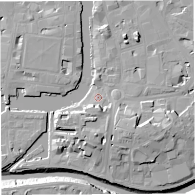 Shaded relief map of the ground around BS16SR, computed from Environment Agency LiDAR. The ground here sits at about 10 m above sea level and falls 20 m across the surrounding 800 m. Surface water reaching this point runs off ground lying to the south, 10.0 m higher.
