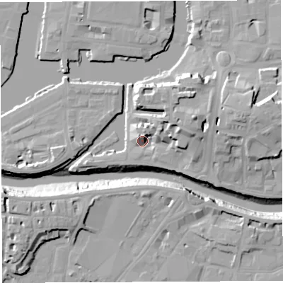 Shaded relief map of the ground around BS16SY, computed from Environment Agency LiDAR. The ground here sits at about 11 m above sea level and falls 20 m across the surrounding 800 m. Surface water reaching this point runs off ground lying to the east-north-east, 11.9 m higher.