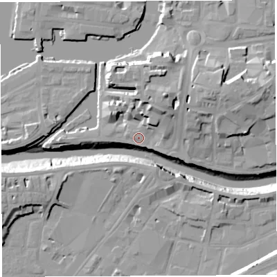Shaded relief map of the ground around BS16TG, computed from Environment Agency LiDAR. The ground here sits at about 10 m above sea level and falls 20 m across the surrounding 800 m. Surface water reaching this point runs off ground lying to the north-east, 8.4 m higher.