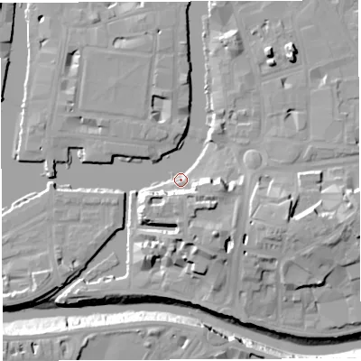 Shaded relief map of the ground around BS16TJ, computed from Environment Agency LiDAR. The ground here sits at about 8 m above sea level and falls 20 m across the surrounding 800 m. Surface water reaching this point runs off ground lying to the east, 12.6 m higher.