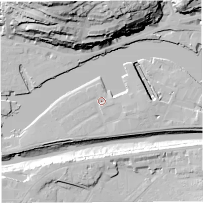 Shaded relief map of the ground around BS16TR, computed from Environment Agency LiDAR. The ground here sits at about 8 m above sea level and falls 60 m across the surrounding 800 m. Surface water reaching this point runs off ground lying to the east-south-east, 3.4 m higher.