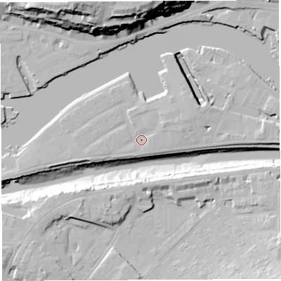 Shaded relief map of the ground around BS16TT, computed from Environment Agency LiDAR. The ground here sits at about 9 m above sea level and falls 43 m across the surrounding 800 m. Surface water reaching this point runs off ground lying to the east-north-east, 3.0 m higher.