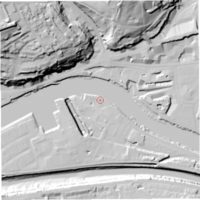 Shaded relief map of the ground around BS16TY, computed from Environment Agency LiDAR. The ground here sits at about 8 m above sea level and falls 68 m across the surrounding 800 m. Surface water reaching this point runs off ground lying to the north-east, 12.3 m higher.