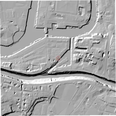 Shaded relief map of the ground around BS16UB, computed from Environment Agency LiDAR. The ground here sits at about 9 m above sea level and falls 20 m across the surrounding 800 m. Surface water reaching this point runs off ground lying to the east, 13.7 m higher.