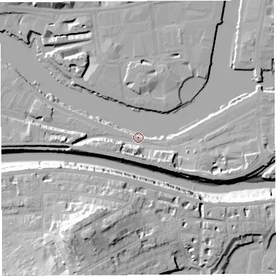 Shaded relief map of the ground around BS16UD, computed from Environment Agency LiDAR. The ground here sits at about 9 m above sea level and falls 28 m across the surrounding 800 m. Surface water reaching this point runs off ground lying to the south-east, 8.5 m higher.