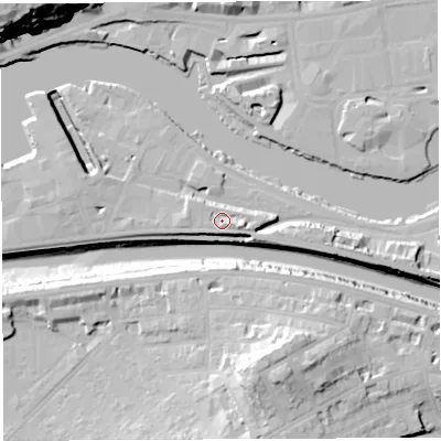 Shaded relief map of the ground around BS16UG, computed from Environment Agency LiDAR. The ground here sits at about 12 m above sea level and falls 44 m across the surrounding 800 m. Surface water reaching this point runs off ground lying to the east-south-east, 3.7 m higher.