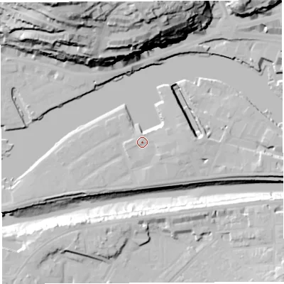 Shaded relief map of the ground around BS16UH, computed from Environment Agency LiDAR. The ground here sits at about 10 m above sea level and falls 59 m across the surrounding 800 m. Surface water reaching this point runs off ground lying to the east-south-east, 2.5 m higher.