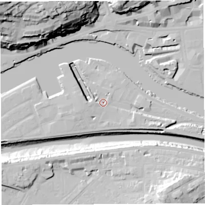 Shaded relief map of the ground around BS16UN, computed from Environment Agency LiDAR. The ground here sits at about 9 m above sea level and falls 60 m across the surrounding 800 m. Surface water reaching this point runs off ground lying to the west, 2.2 m higher.