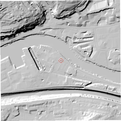 Shaded relief map of the ground around BS16UP, computed from Environment Agency LiDAR. The ground here sits at about 9 m above sea level and falls 61 m across the surrounding 800 m. Surface water reaching this point runs off ground lying to the south-south-west, 1.1 m higher.