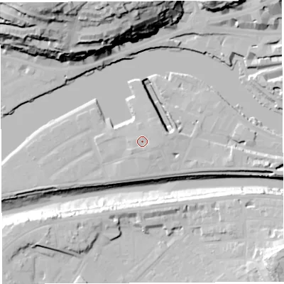 Shaded relief map of the ground around BS16UT, computed from Environment Agency LiDAR. The ground here sits at about 11 m above sea level and falls 55 m across the surrounding 800 m. Surface water reaching this point runs off ground lying to the east-south-east, 0.8 m higher.