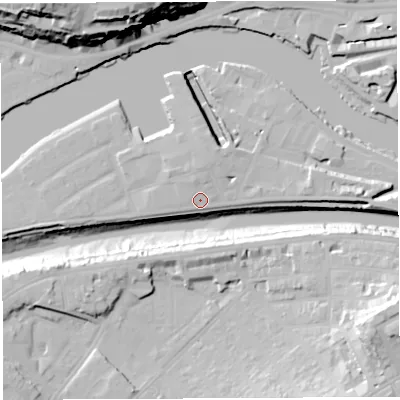 Shaded relief map of the ground around BS16UX, computed from Environment Agency LiDAR. The ground here sits at about 10 m above sea level and falls 43 m across the surrounding 800 m. Surface water reaching this point runs off ground lying to the east, 7.3 m higher.