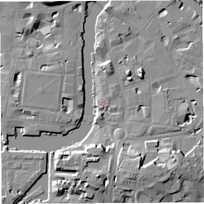 Shaded relief map of the ground around BS16WA, computed from Environment Agency LiDAR. The ground here sits at about 9 m above sea level and falls 16 m across the surrounding 800 m. Surface water reaching this point runs off ground lying to the south, 2.4 m higher.