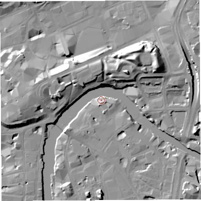 Shaded relief map of the ground around BS16WF, computed from Environment Agency LiDAR. The ground here sits at about 9 m above sea level and falls 18 m across the surrounding 800 m. Surface water reaching this point runs off ground lying to the south-east, 4.8 m higher.