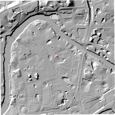 Shaded relief map of the ground around BS16WH, computed from Environment Agency LiDAR. The ground here sits at about 9 m above sea level and falls 17 m across the surrounding 800 m. Surface water reaching this point runs off ground lying to the north, 5.0 m higher.