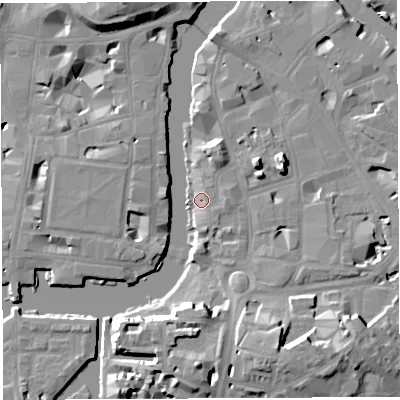 Shaded relief map of the ground around BS16WJ, computed from Environment Agency LiDAR. The ground here sits at about 8 m above sea level and falls 16 m across the surrounding 800 m. Surface water reaching this point runs off ground lying to the south, 15.9 m higher.