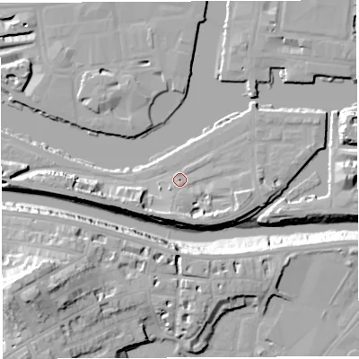 Shaded relief map of the ground around BS16WP, computed from Environment Agency LiDAR. The ground here sits at about 10 m above sea level and falls 28 m across the surrounding 800 m. Surface water reaching this point runs off ground lying to the south-south-west, 5.1 m higher.