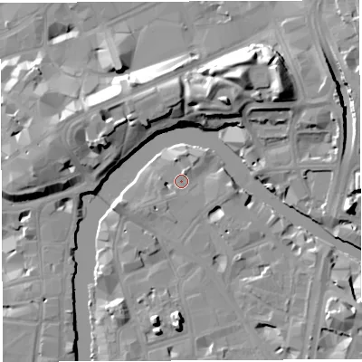 Shaded relief map of the ground around BS16WQ, computed from Environment Agency LiDAR. The ground here sits at about 9 m above sea level and falls 17 m across the surrounding 800 m. Surface water reaching this point runs off ground lying to the north-north-east, 1.7 m higher.