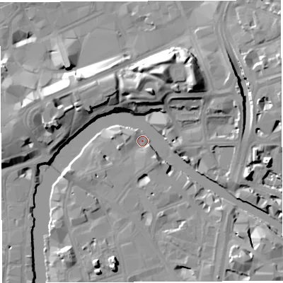 Shaded relief map of the ground around BS16WS, computed from Environment Agency LiDAR. The ground here sits at about 8 m above sea level and falls 17 m across the surrounding 800 m. Surface water reaching this point runs off ground lying to the south-east, 4.8 m higher.