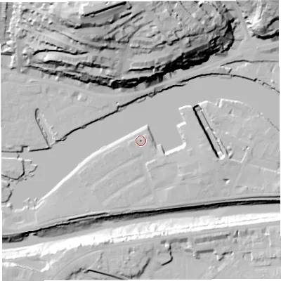 Shaded relief map of the ground around BS16XB, computed from Environment Agency LiDAR. The ground here sits at about 8 m above sea level and falls 68 m across the surrounding 800 m. The ground contributing surface water to this point lies to the east-south-east.