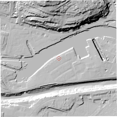 Shaded relief map of the ground around BS16XD, computed from Environment Agency LiDAR. The ground here sits at about 9 m above sea level and falls 68 m across the surrounding 800 m. Surface water reaching this point runs off ground lying to the west-south-west, 7.0 m higher.