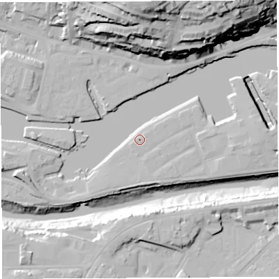 Shaded relief map of the ground around BS16XE, computed from Environment Agency LiDAR. The ground here sits at about 8 m above sea level and falls 55 m across the surrounding 800 m. The ground contributing surface water to this point lies to the south.