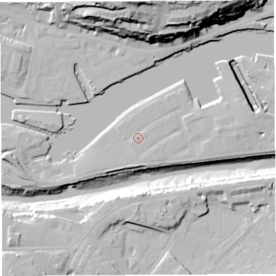 Shaded relief map of the ground around BS16XF, computed from Environment Agency LiDAR. The ground here sits at about 9 m above sea level and falls 48 m across the surrounding 800 m. Surface water reaching this point runs off ground lying to the east, 0.9 m higher.