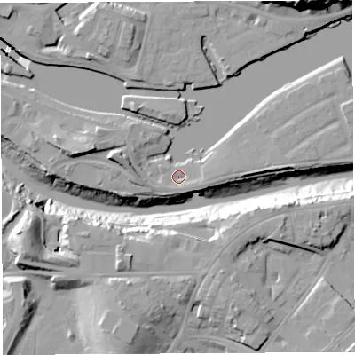 Shaded relief map of the ground around BS16XG, computed from Environment Agency LiDAR. The ground here sits at about 7 m above sea level and falls 29 m across the surrounding 800 m. Surface water reaching this point runs off ground lying to the west-north-west, 6.4 m higher.