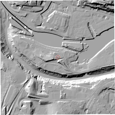 Shaded relief map of the ground around BS16XH, computed from Environment Agency LiDAR. The ground here sits at about 11 m above sea level and falls 41 m across the surrounding 800 m. Surface water reaching this point runs off ground lying to the south-south-east, 4.8 m higher.