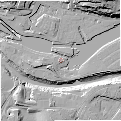 Shaded relief map of the ground around BS16XJ, computed from Environment Agency LiDAR. The ground here sits at about 9 m above sea level and falls 45 m across the surrounding 800 m. Surface water reaching this point runs off ground lying to the west, 1.5 m higher.