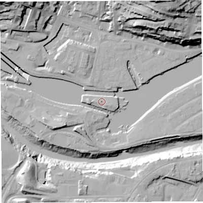 Shaded relief map of the ground around BS16XL, computed from Environment Agency LiDAR. The ground here sits at about 9 m above sea level and falls 59 m across the surrounding 800 m. Surface water reaching this point runs off ground lying to the north, 2.6 m higher.