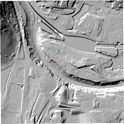 Shaded relief map of the ground around BS16XN, computed from Environment Agency LiDAR. The ground here sits at about 9 m above sea level and falls 48 m across the surrounding 800 m. Surface water reaching this point runs off ground lying to the south-east, 1.3 m higher.