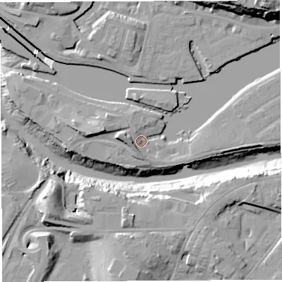 Shaded relief map of the ground around BS16XQ, computed from Environment Agency LiDAR. The ground here sits at about 8 m above sea level and falls 35 m across the surrounding 800 m. Surface water reaching this point runs off ground lying to the west-north-west, 6.4 m higher.