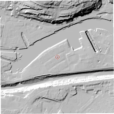 Shaded relief map of the ground around BS16XU, computed from Environment Agency LiDAR. The ground here sits at about 9 m above sea level and falls 54 m across the surrounding 800 m. Surface water reaching this point runs off ground lying to the east, 3.4 m higher.