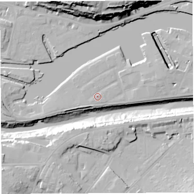 Shaded relief map of the ground around BS16XX, computed from Environment Agency LiDAR. The ground here sits at about 9 m above sea level and falls 42 m across the surrounding 800 m. Surface water reaching this point runs off ground lying to the south-south-east, 0.9 m higher.