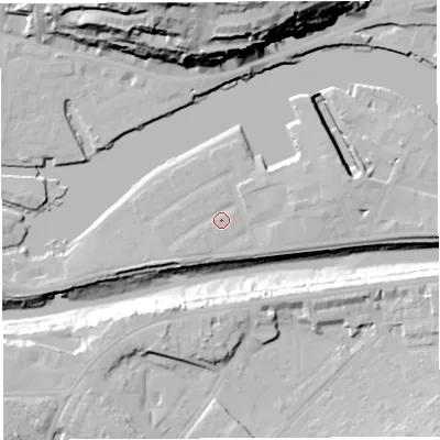 Shaded relief map of the ground around BS16XY, computed from Environment Agency LiDAR. The ground here sits at about 9 m above sea level and falls 46 m across the surrounding 800 m. Surface water reaching this point runs off ground lying to the east, 3.3 m higher.